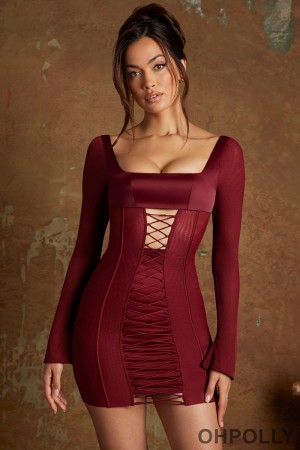 purple Oh Polly dress - Long Sleeve Lace Up Corset Micro Mini Dress in Wine