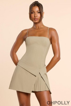 Oh Polly aus - Woven Twill Wrap Over Pleated Mini Dress in Taupe